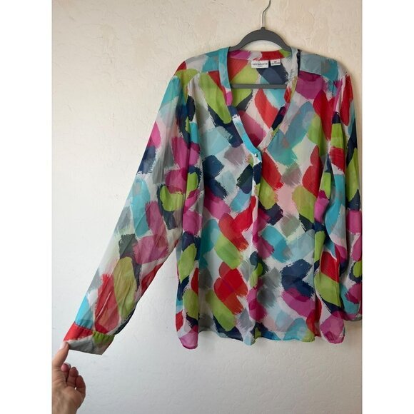 Liz Claiborne Woman 2X Polyester Paint Brush Multicolor Bright Cheery Blouse - Picture 2 of 5